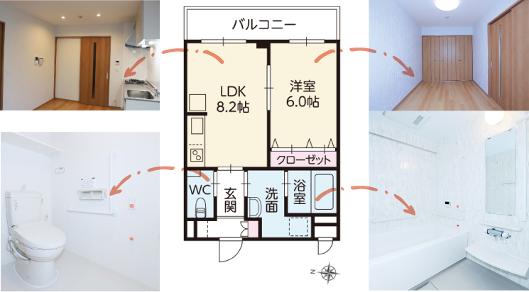 バルコニーLDK8.2帖洋室6.0帖クローゼットWC 玄関 洗面 浴室